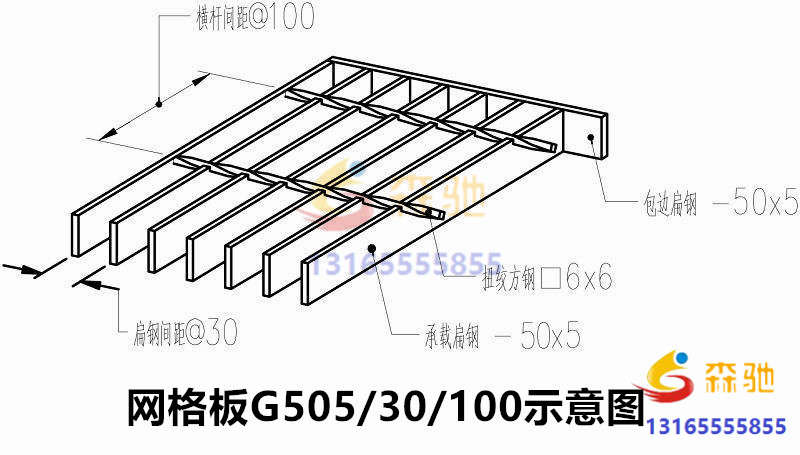 網(wǎng)格板G505/30/100參數(shù)示意圖